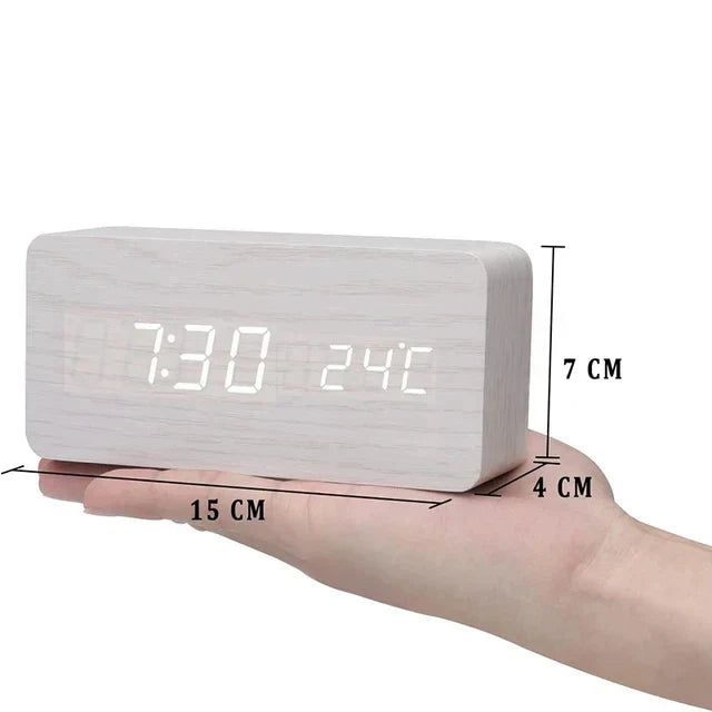 Alarm Clock - Wood Look LED Display - Voice Control & Temperature