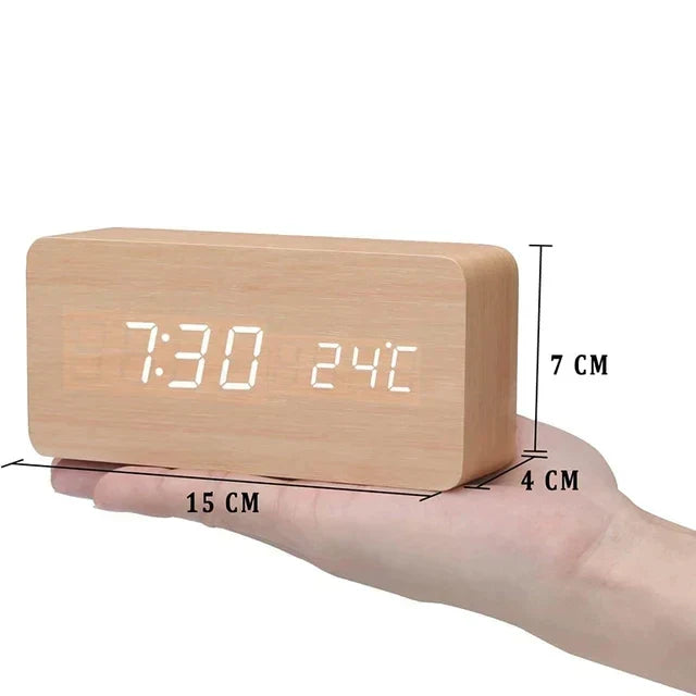 Alarm Clock - Wood Look LED Display - Voice Control & Temperature