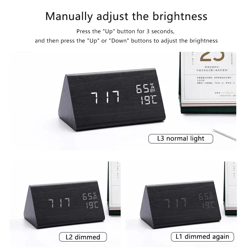 Alarm Clock - Wood Look LED Display - Voice Control & Temperature
