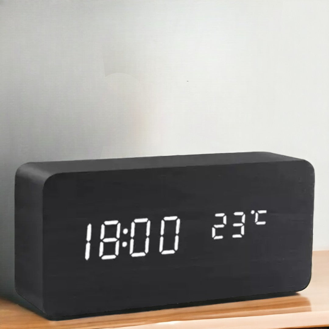 Alarm Clock - Wood Look LED Display - Voice Control & Temperature