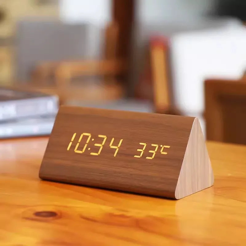 Alarm Clock - Wood Look LED Display - Voice Control & Temperature