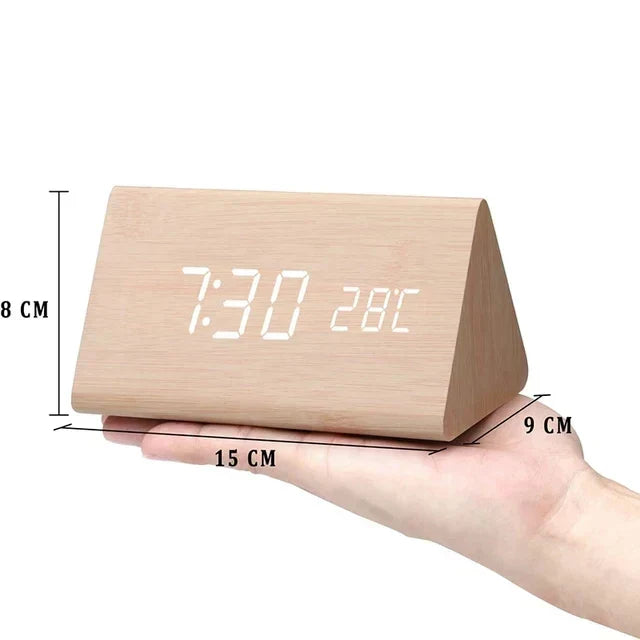 Alarm Clock - Wood Look LED Display - Voice Control & Temperature