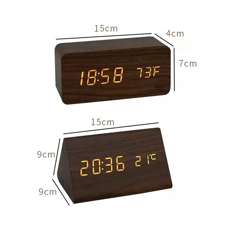 Alarm Clock - Wood Look LED Display - Voice Control & Temperature