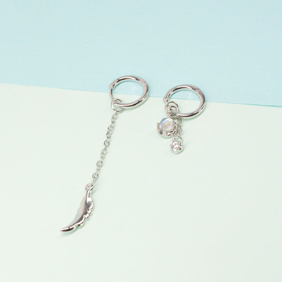 Feather Moonstone | Sterling Silver Asymmetrical Feather Earrings, White Moonstone