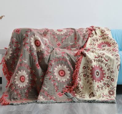 Reversible Scandinavian Bird Throw Blanket - Dinav Red-Beige / Queen (200 x 230 cm / 79 x 91 in)