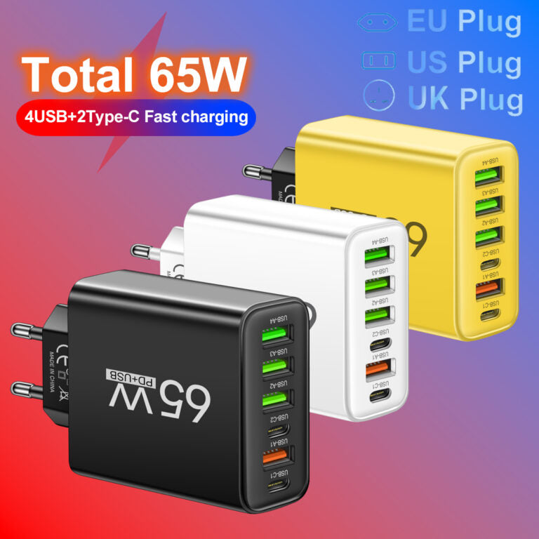PowerMax 65W 6-in-1 Fast Charger – Charge Up to 6 Devices Simultaneously – Ideal for Home, Office and Travel