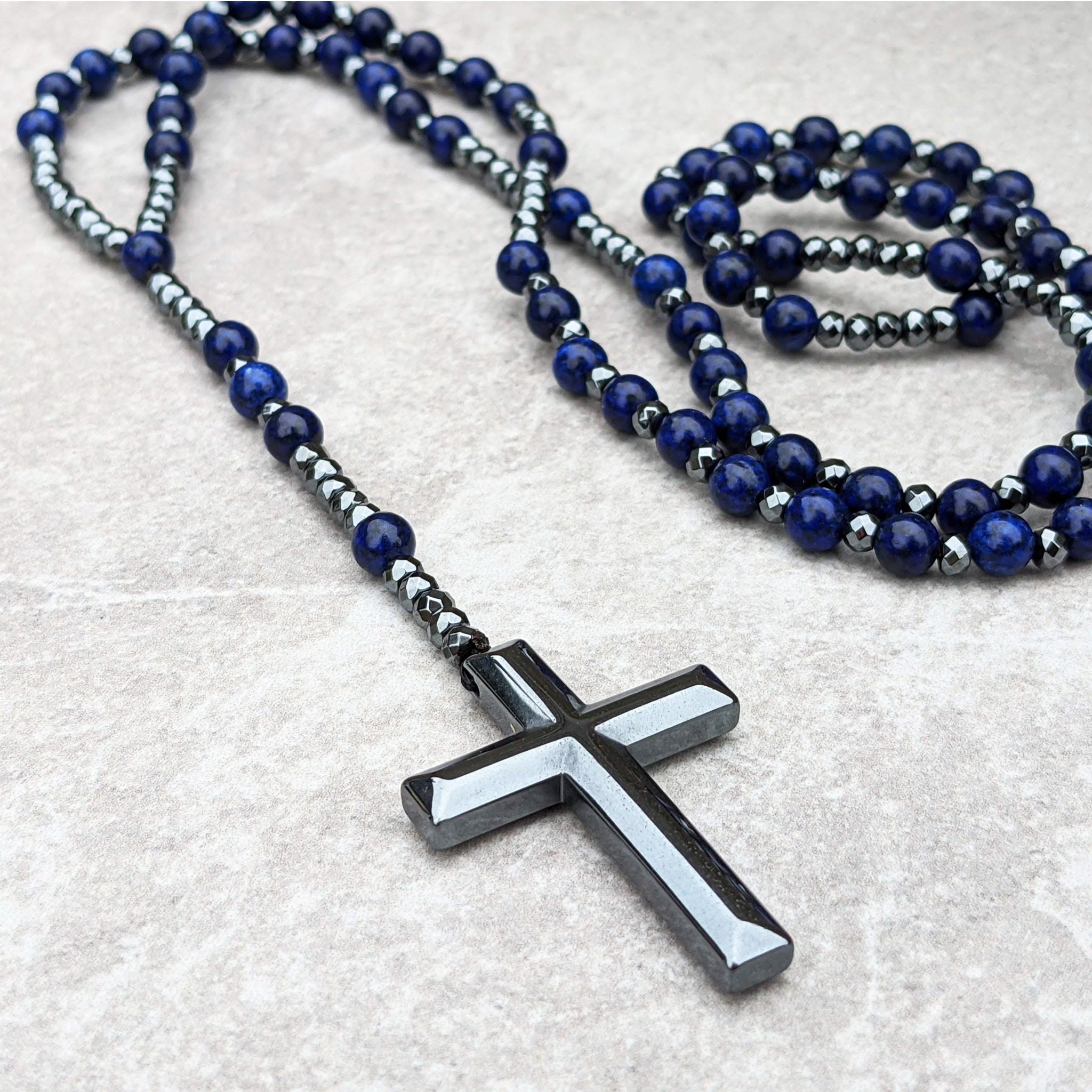 Tiger's Eye and Lapis Lazuli Cross Rosary Necklace for Men – Orion