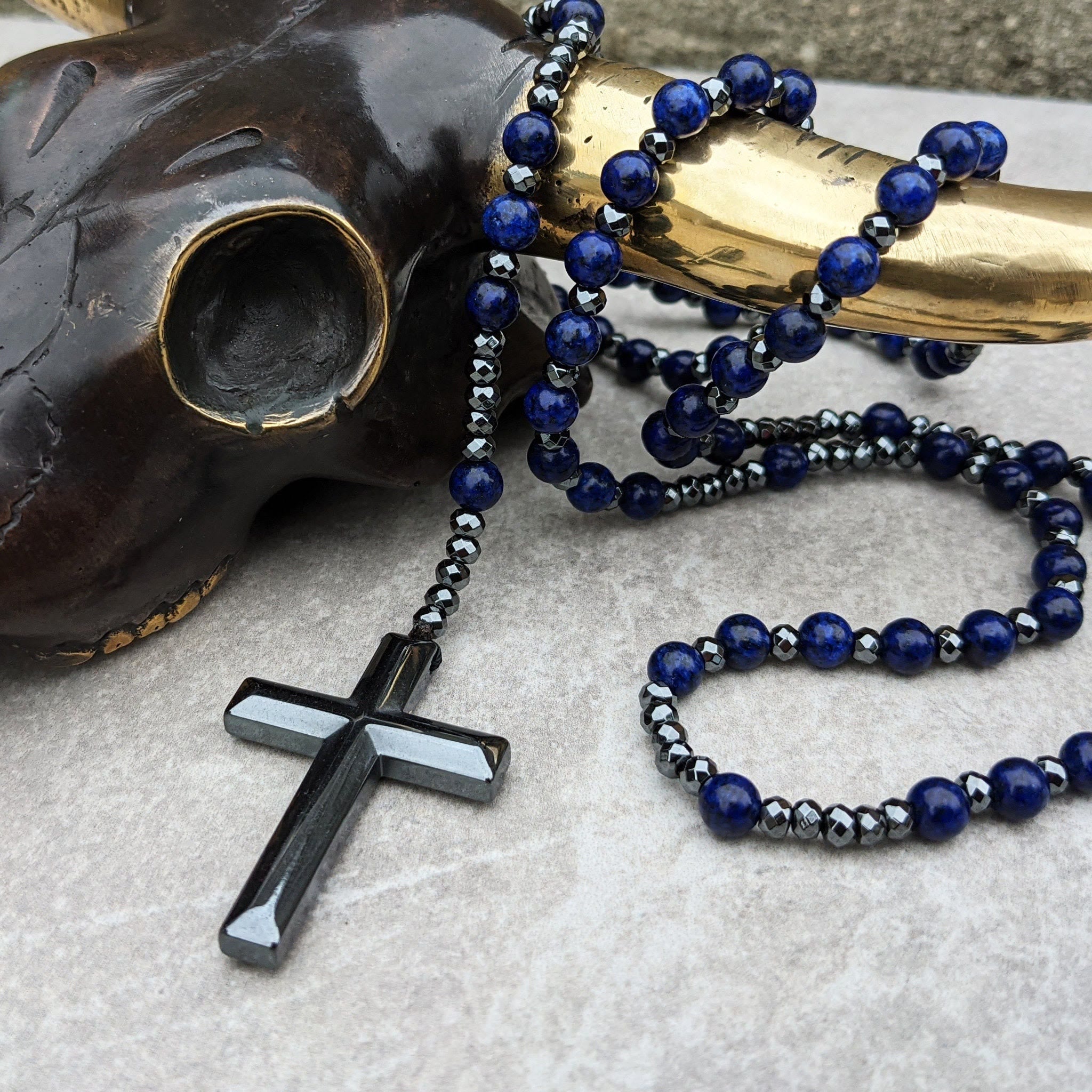 Tiger's Eye and Lapis Lazuli Cross Rosary Necklace for Men – Orion
