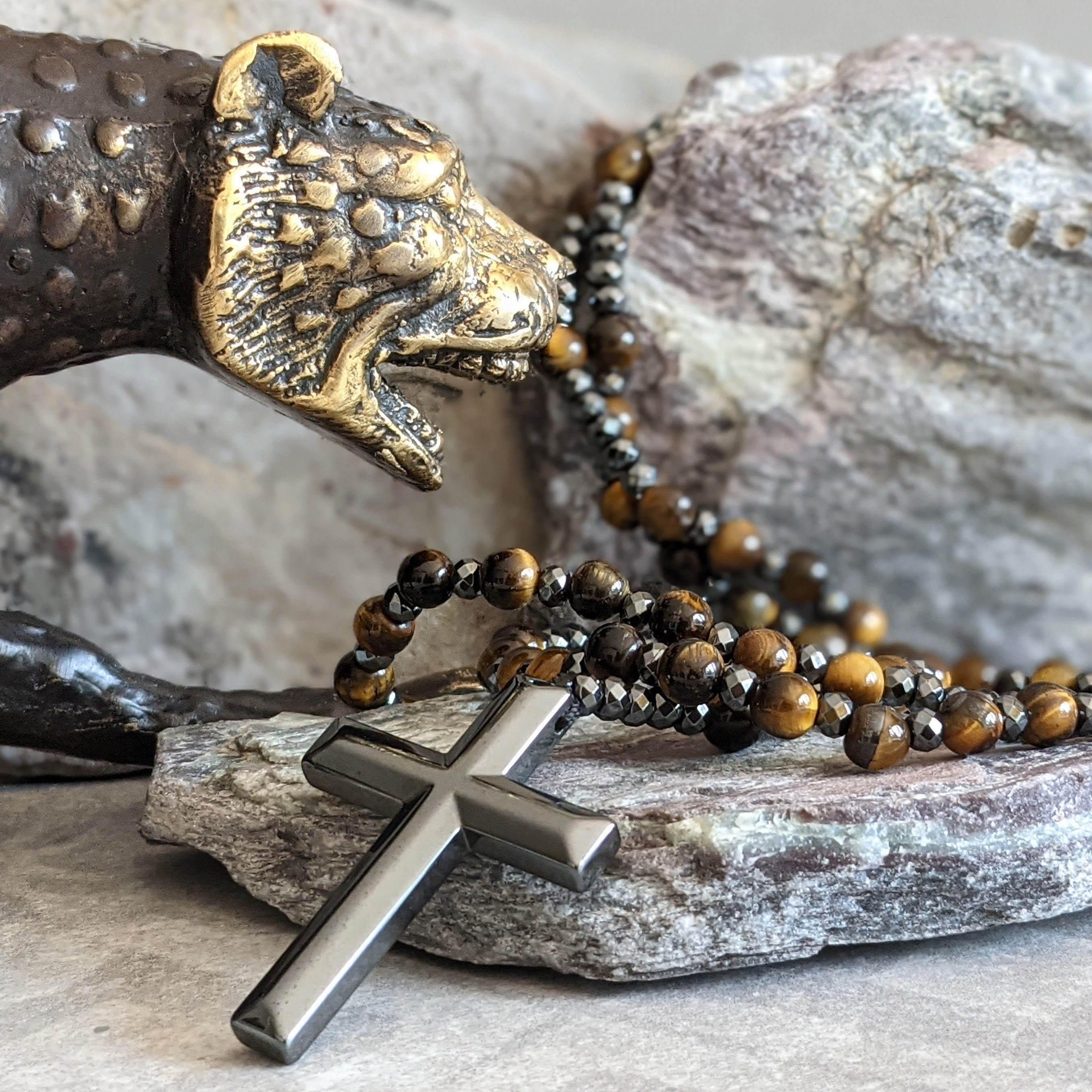 Tiger's Eye and Lapis Lazuli Cross Rosary Necklace for Men – Orion