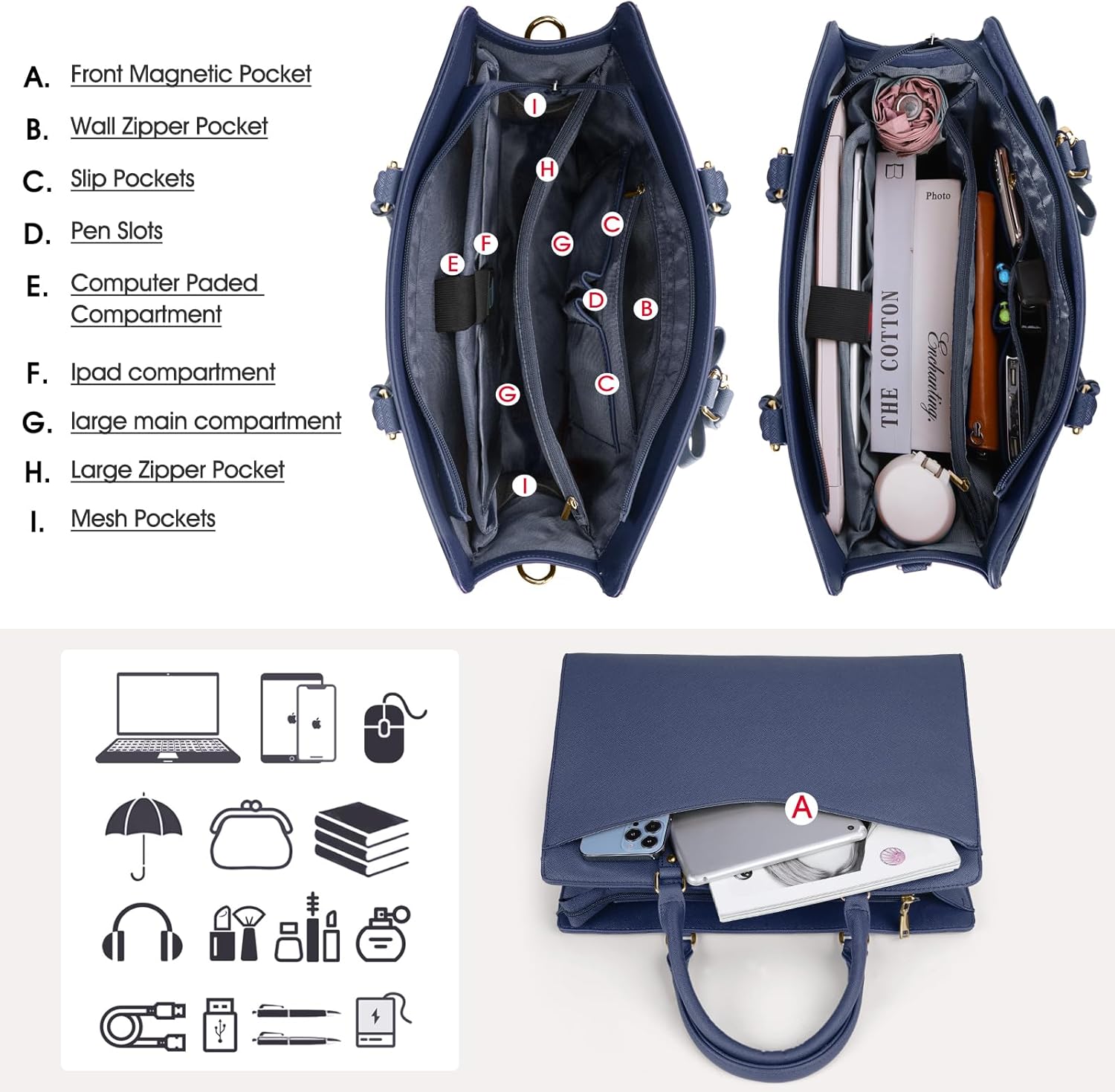 Waterproof PU Leather Laptop Bag with Multifunctional Design for Women