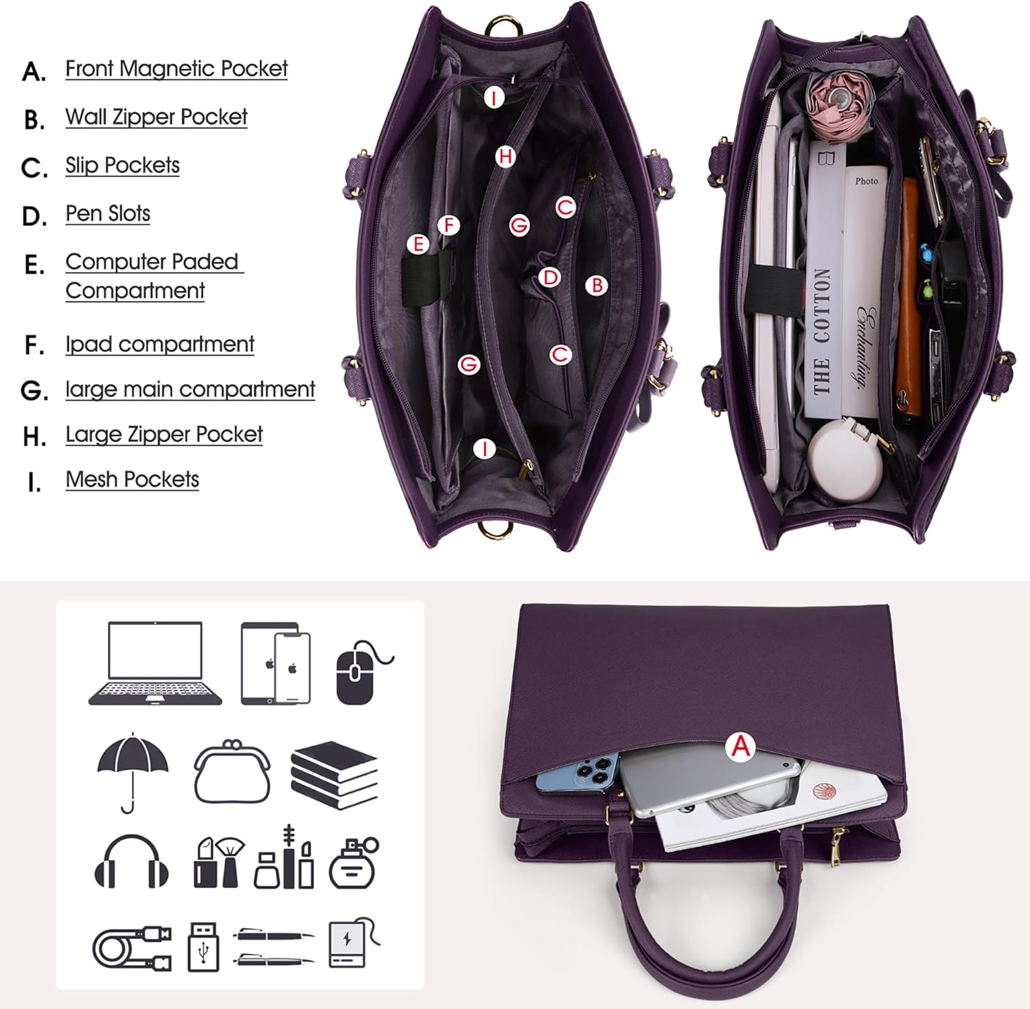 Waterproof PU Leather Laptop Bag with Multifunctional Design for Women