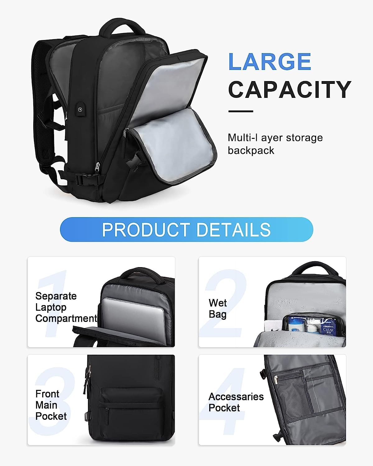 Waterproof Travel Backpack with Shoe Compartment and USB Port – Suitable for 14" Laptop