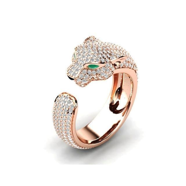 Adjustable Ring in 18K Silver and Rose Gold with Green Zirconia Eyes – Jaguar Ring