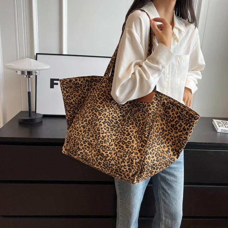 Oversized Canvas Shoulder Bag with Leopard Print - Purple
