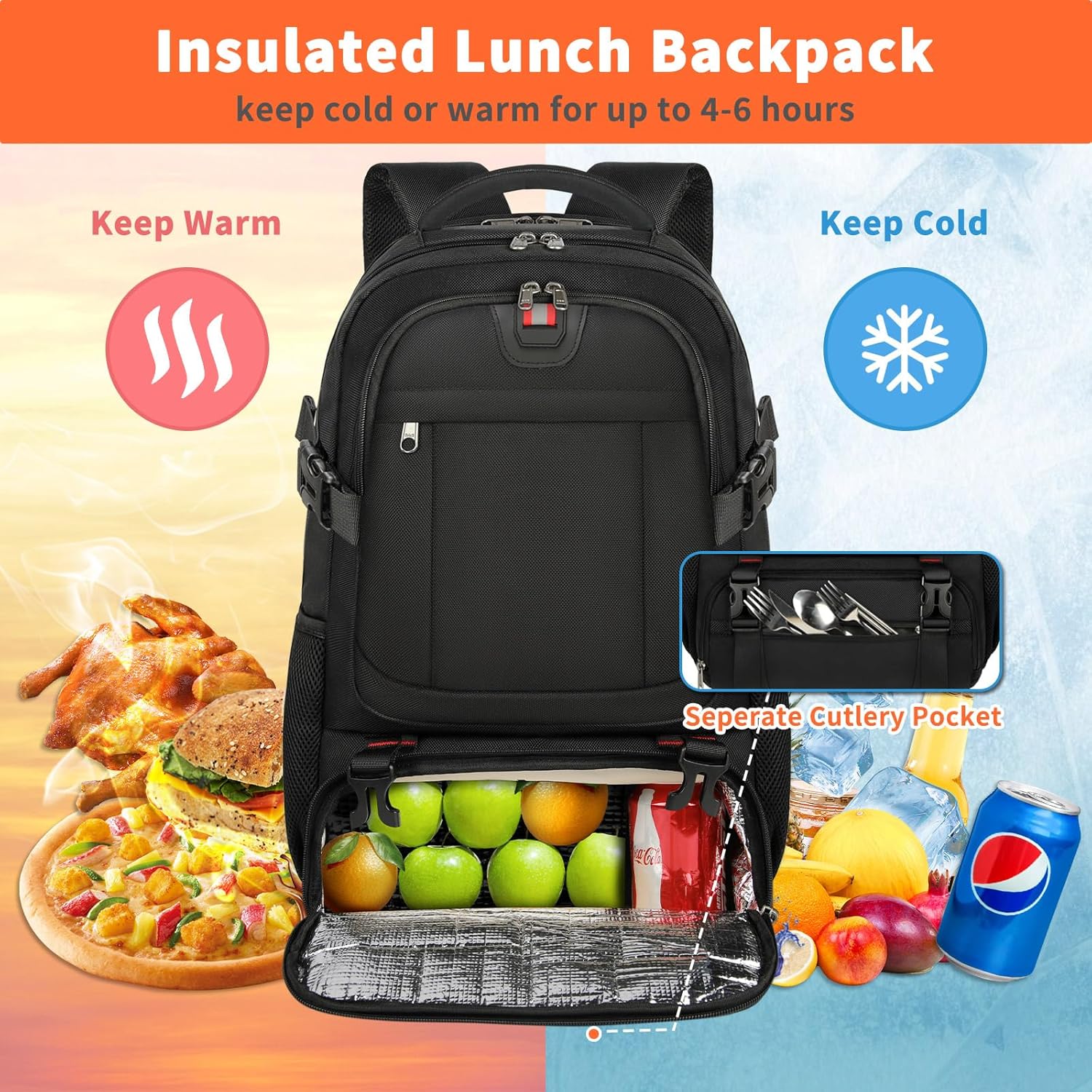 Extra-large lunch and laptop travel backpack with USB charging port