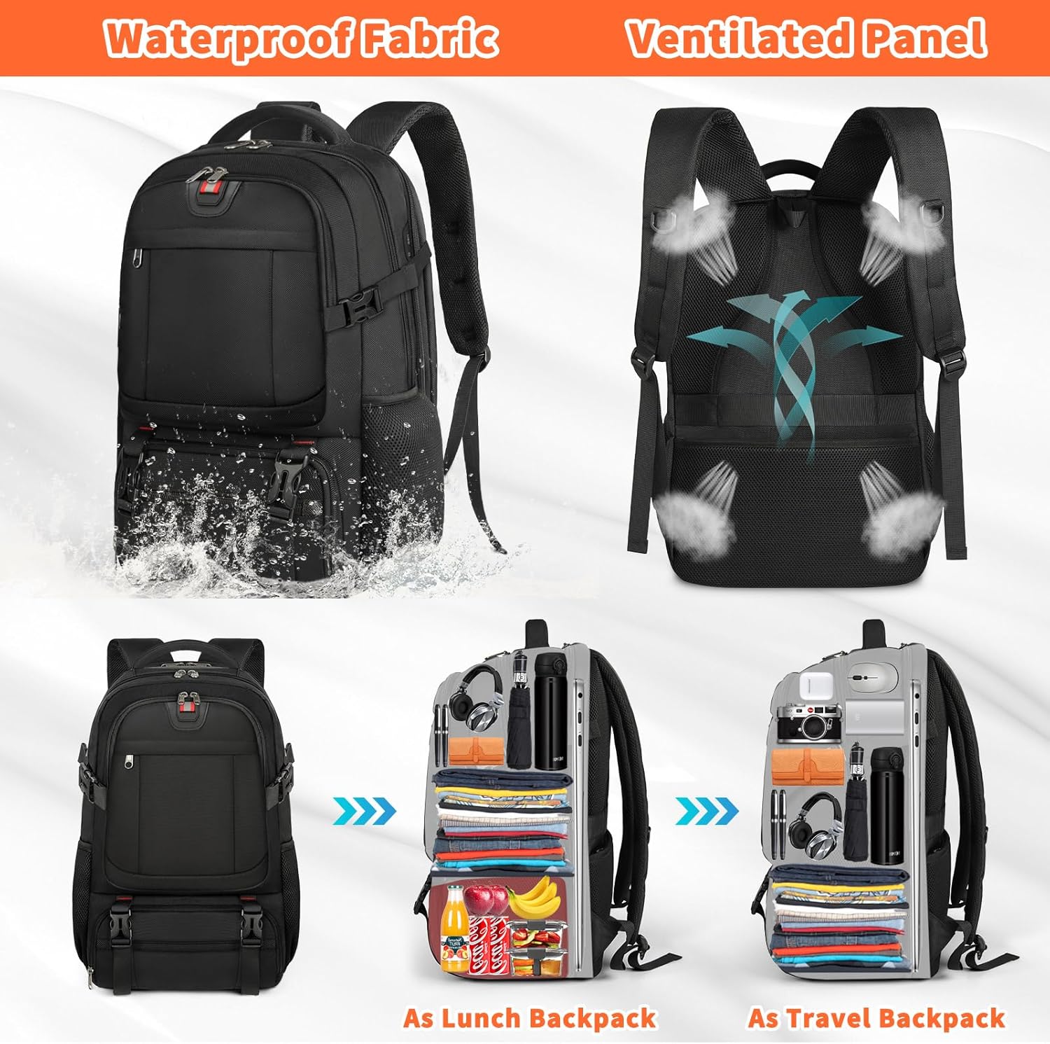 Extra-large lunch and laptop travel backpack with USB charging port