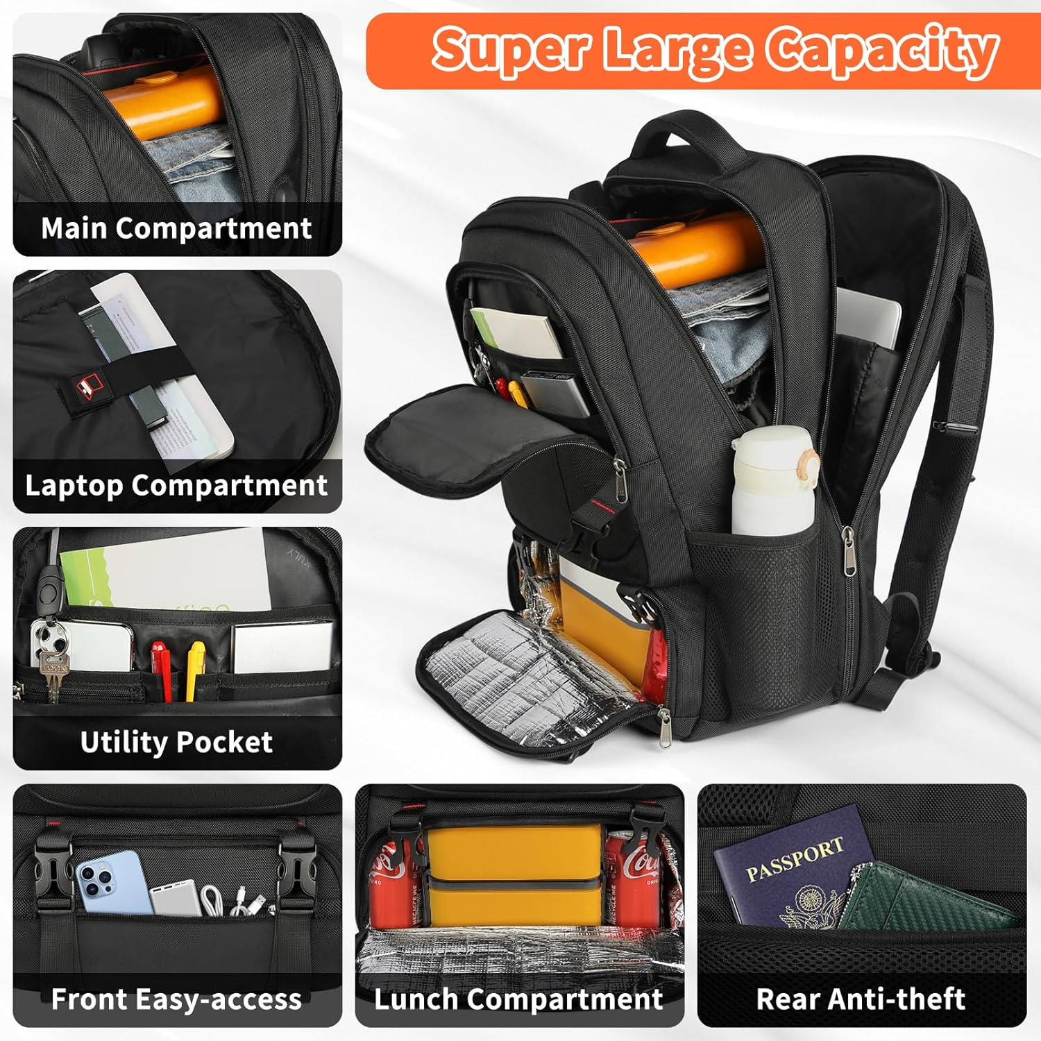 Extra-large lunch and laptop travel backpack with USB charging port