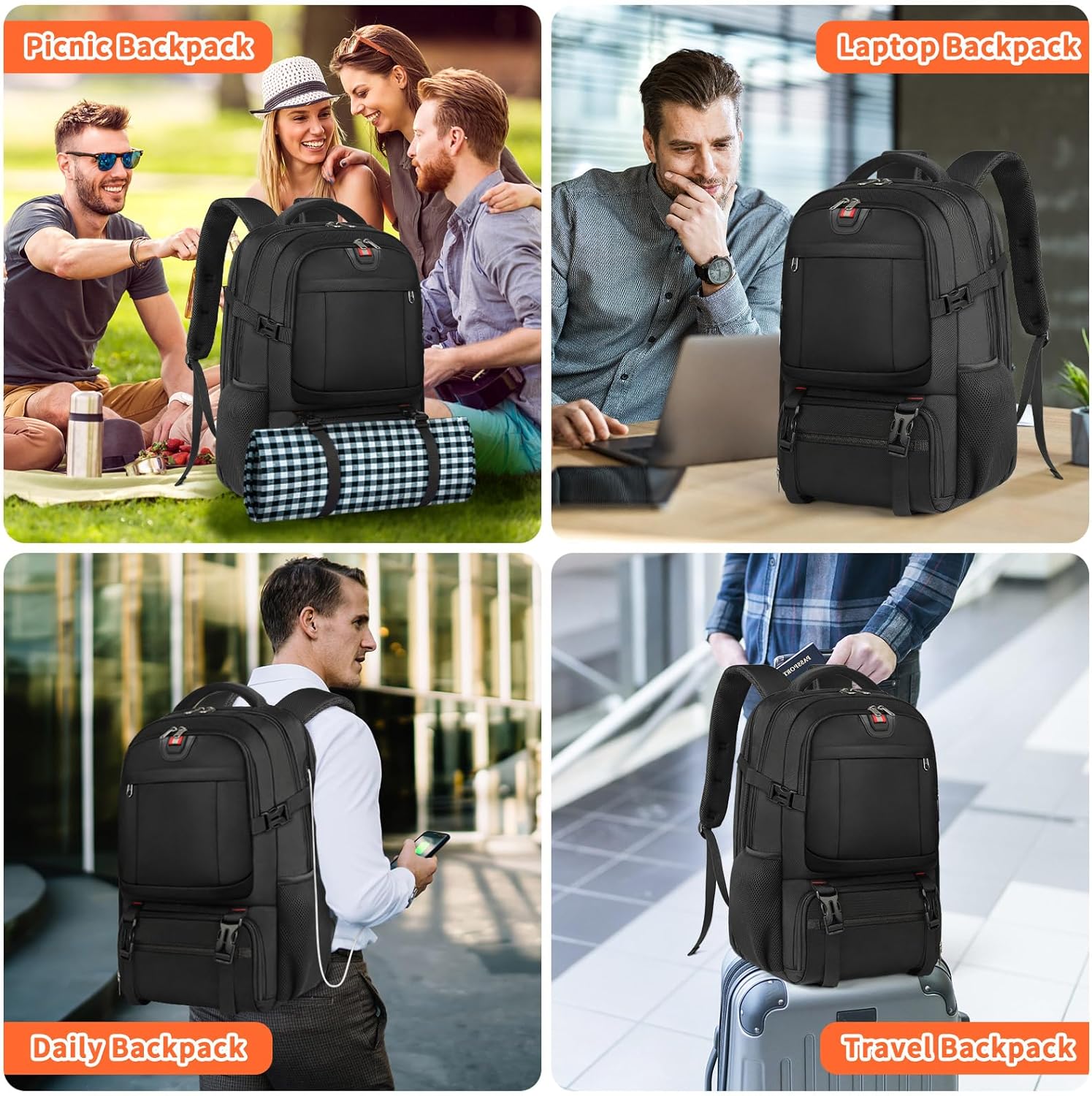 Extra-large lunch and laptop travel backpack with USB charging port