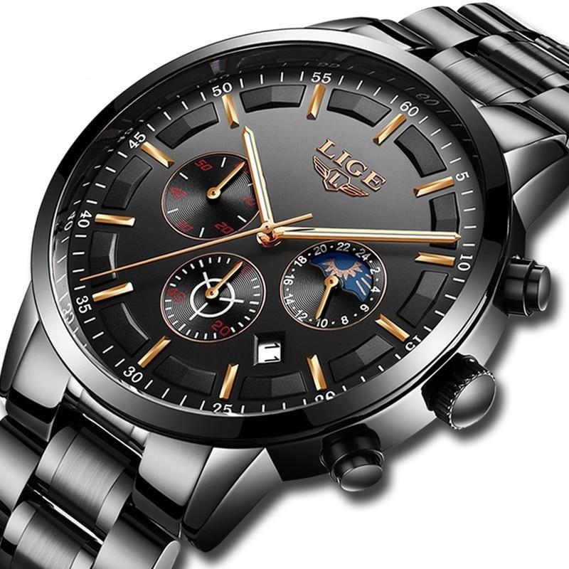Military Black Steel Watch - Waterproof | Time & Date