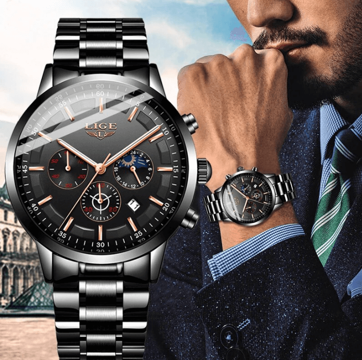 Military Black Steel Watch - Waterproof | Time & Date