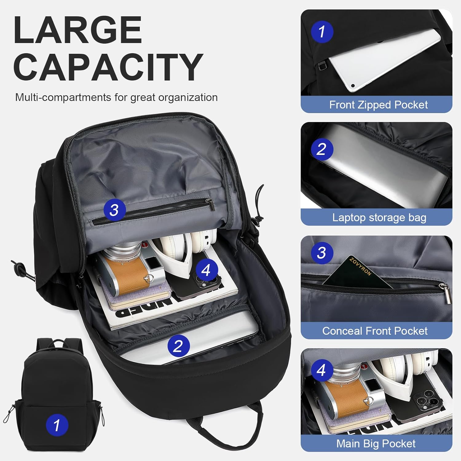 Lightweight, water-repellent laptop and travel bag with organised compartments