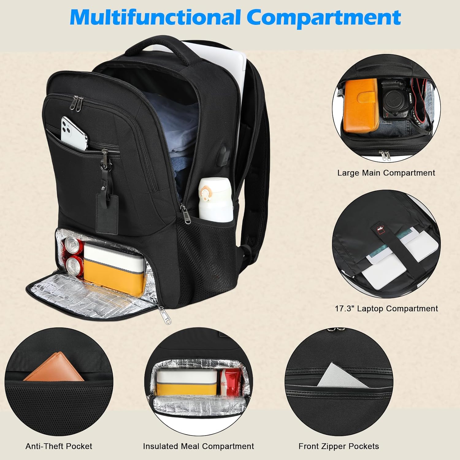Waterproof Laptop and Lunch Backpack with USB Port – Multi-Compartment Travel Bag