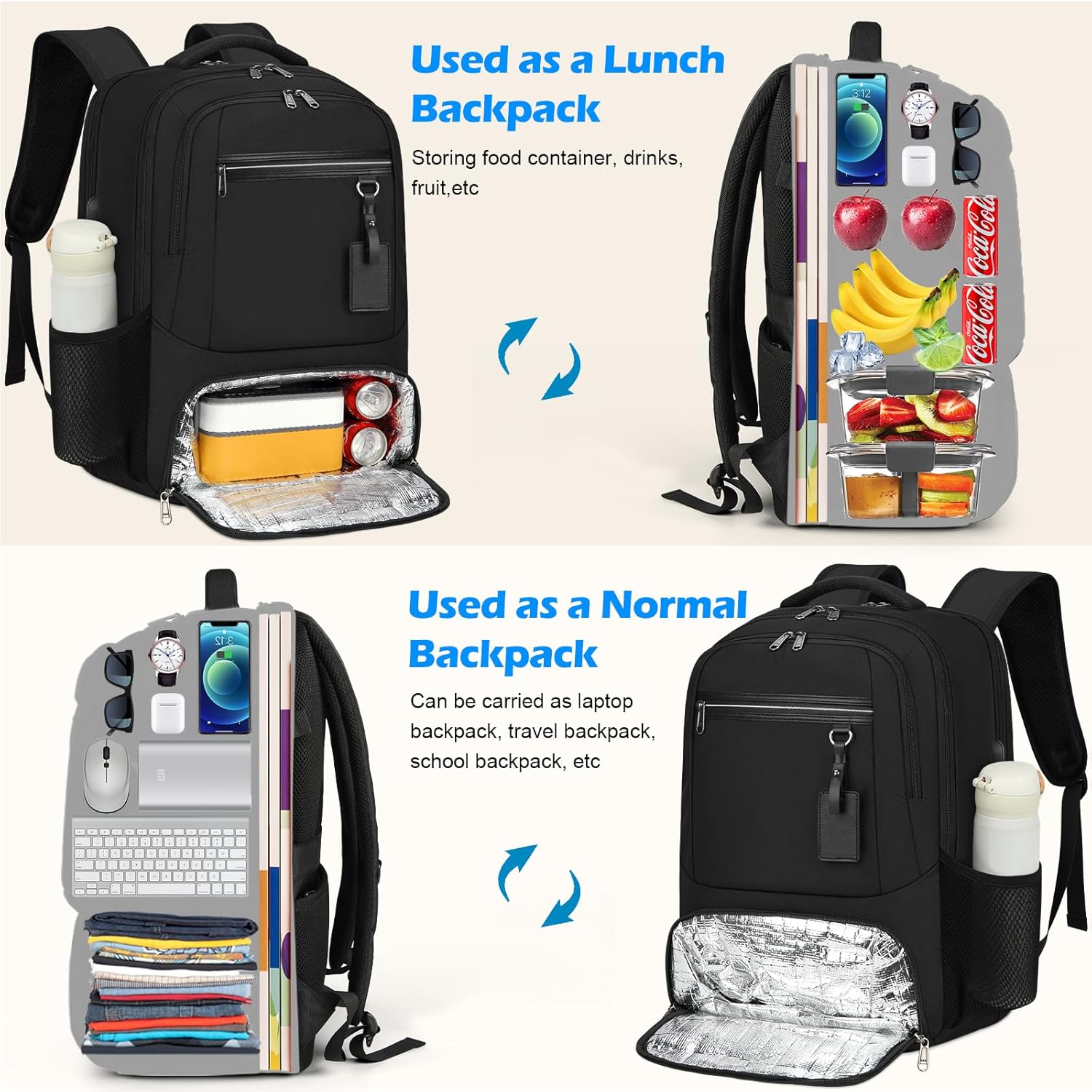 Waterproof Laptop and Lunch Backpack with USB Port – Multi-Compartment Travel Bag