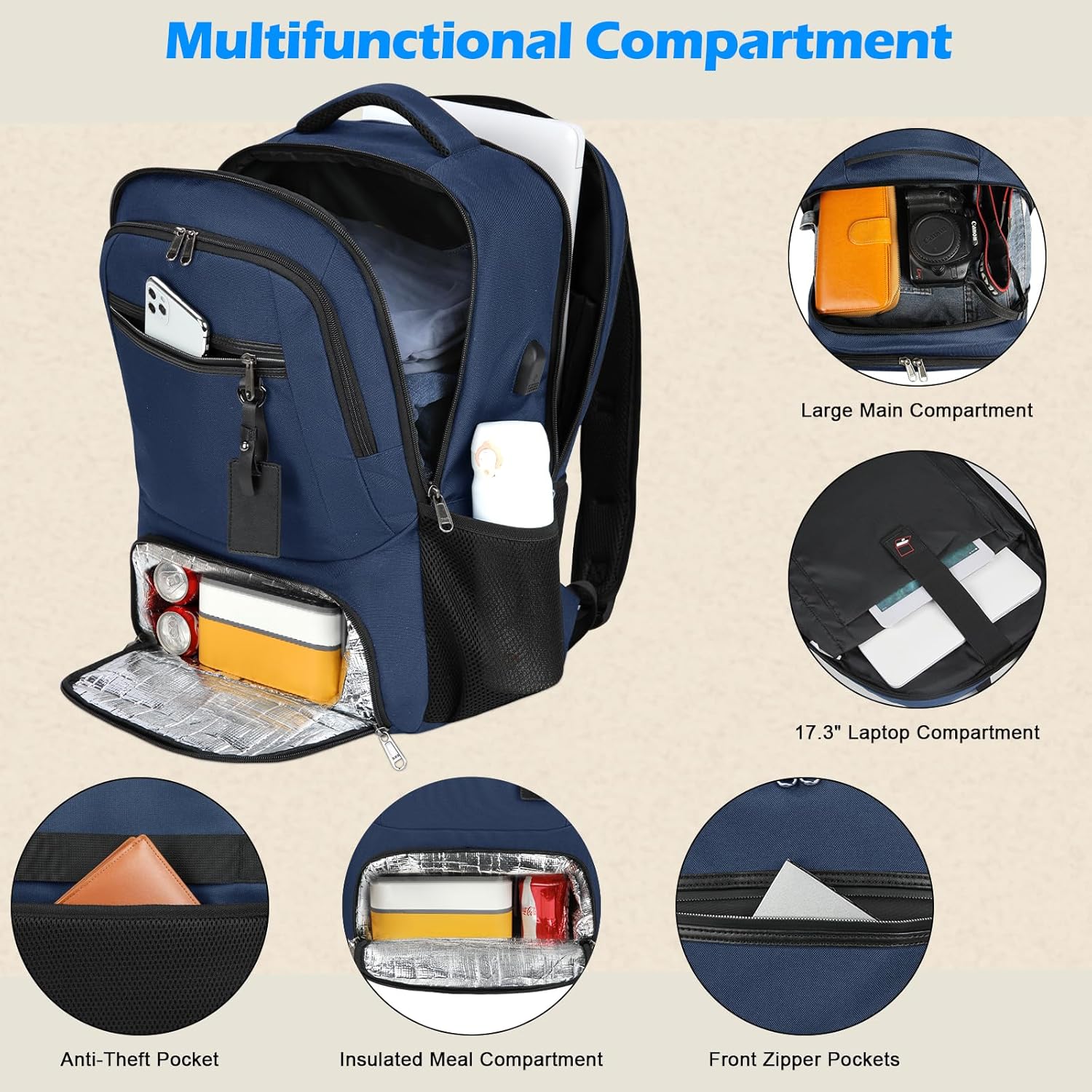 Waterproof Laptop and Lunch Backpack with USB Port – Multi-Compartment Travel Bag