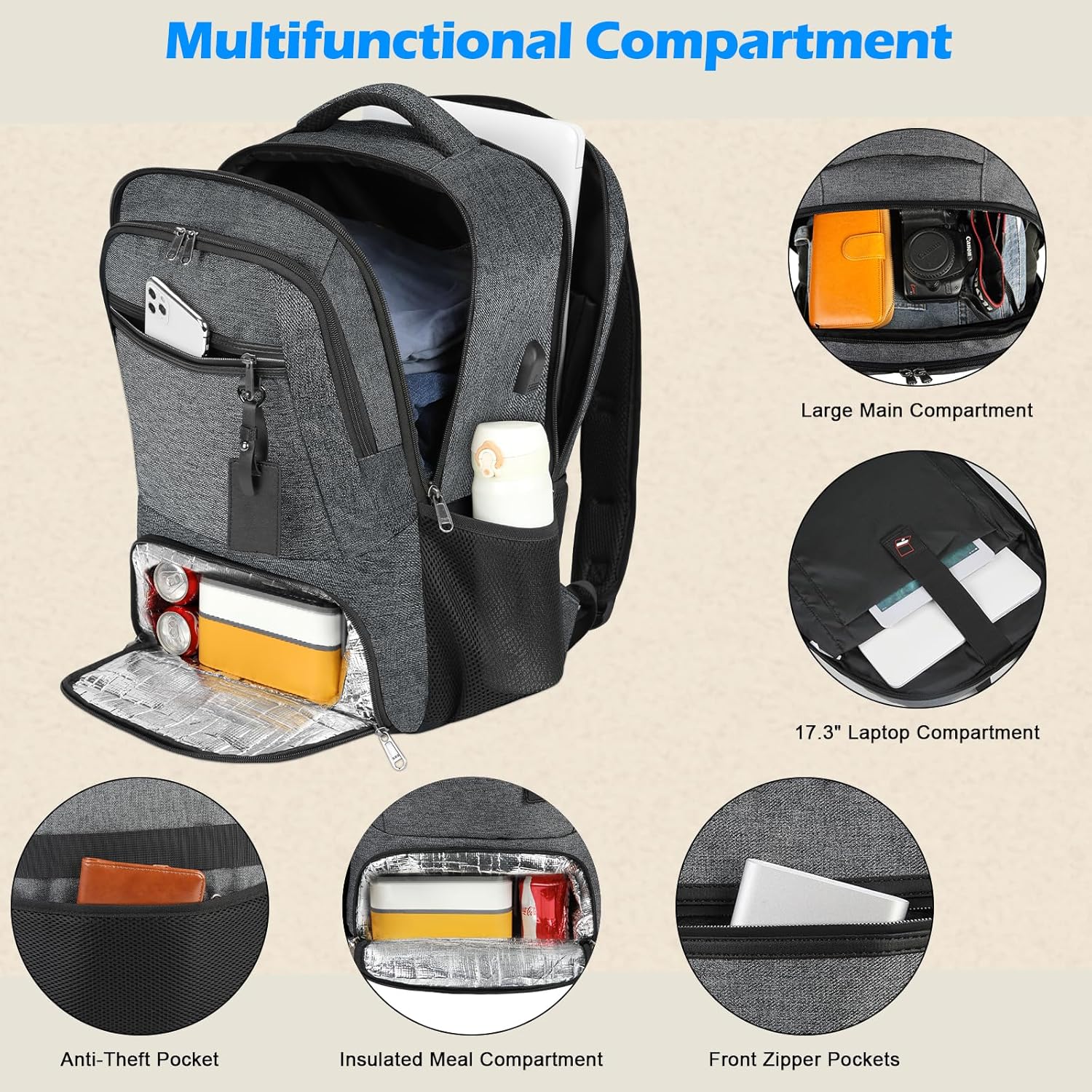 Waterproof Laptop and Lunch Backpack with USB Port – Multi-Compartment Travel Bag