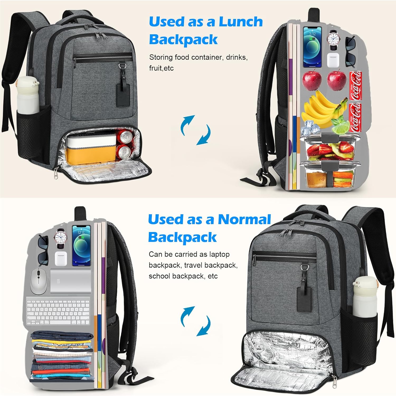Waterproof Laptop and Lunch Backpack with USB Port – Multi-Compartment Travel Bag
