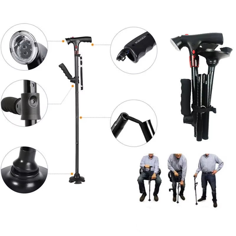 Foldable Walking Stick with LED Light - Safe & Compact