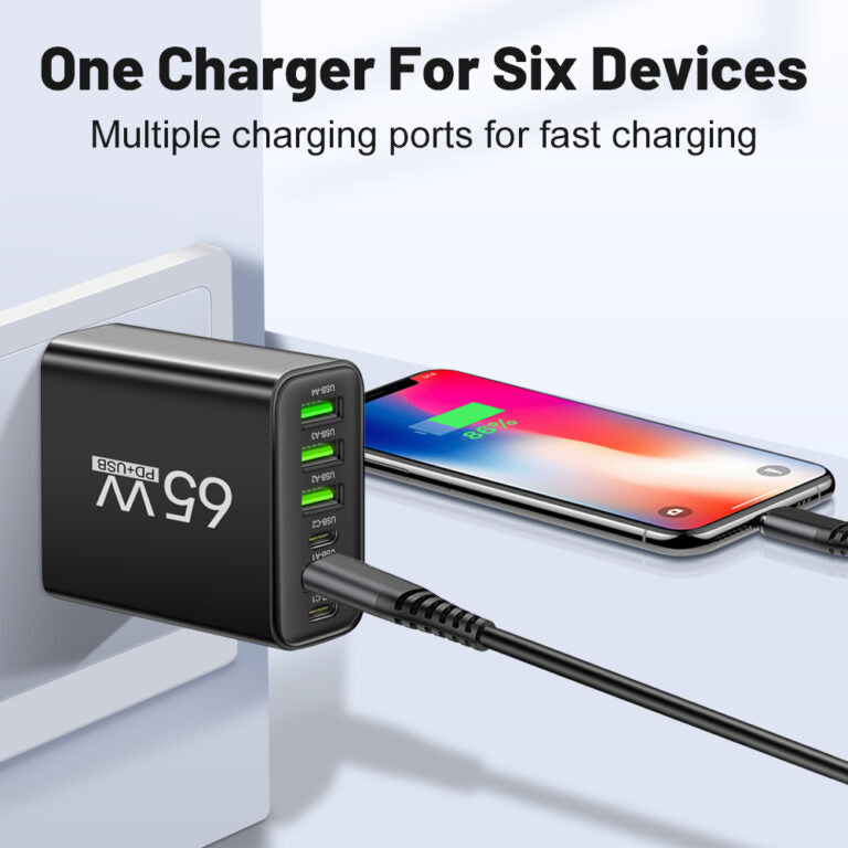 PowerMax 65W 6-in-1 Fast Charger – Charge Up to 6 Devices Simultaneously – Ideal for Home, Office and Travel