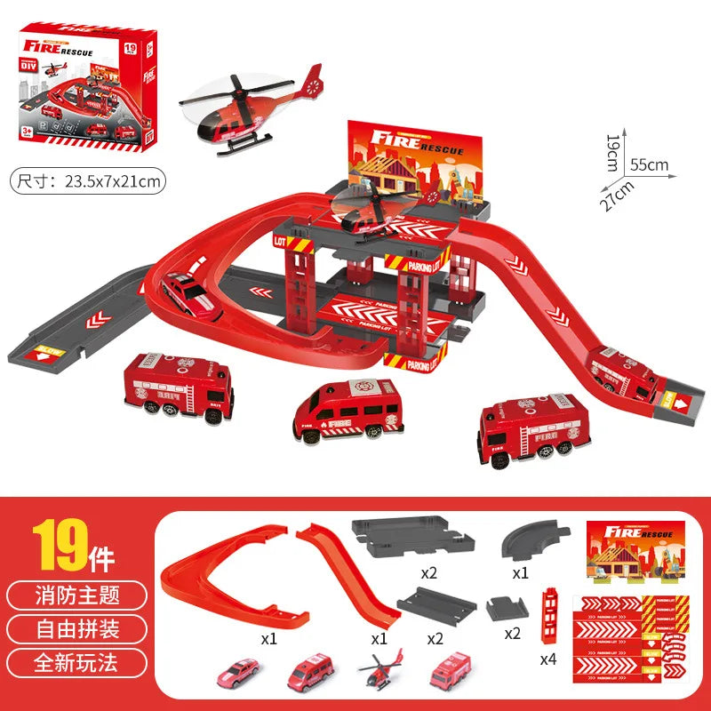 Car Park Construction Set for Children - Police Cars & Dinosaurs