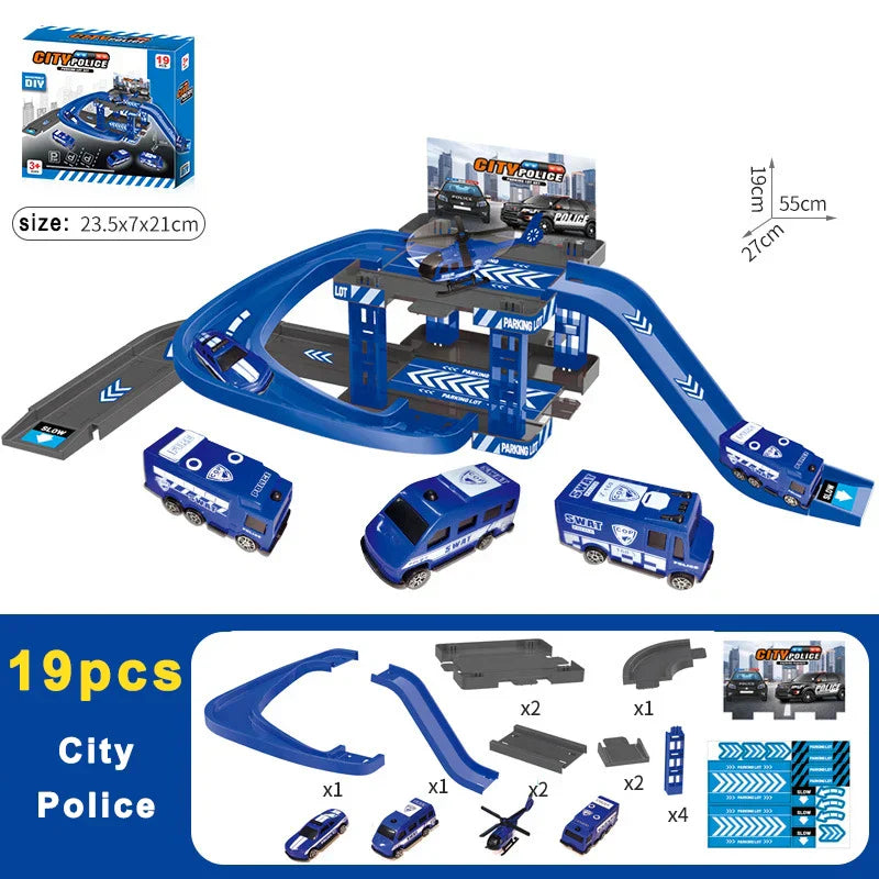 Car Park Construction Set for Children - Police Cars & Dinosaurs