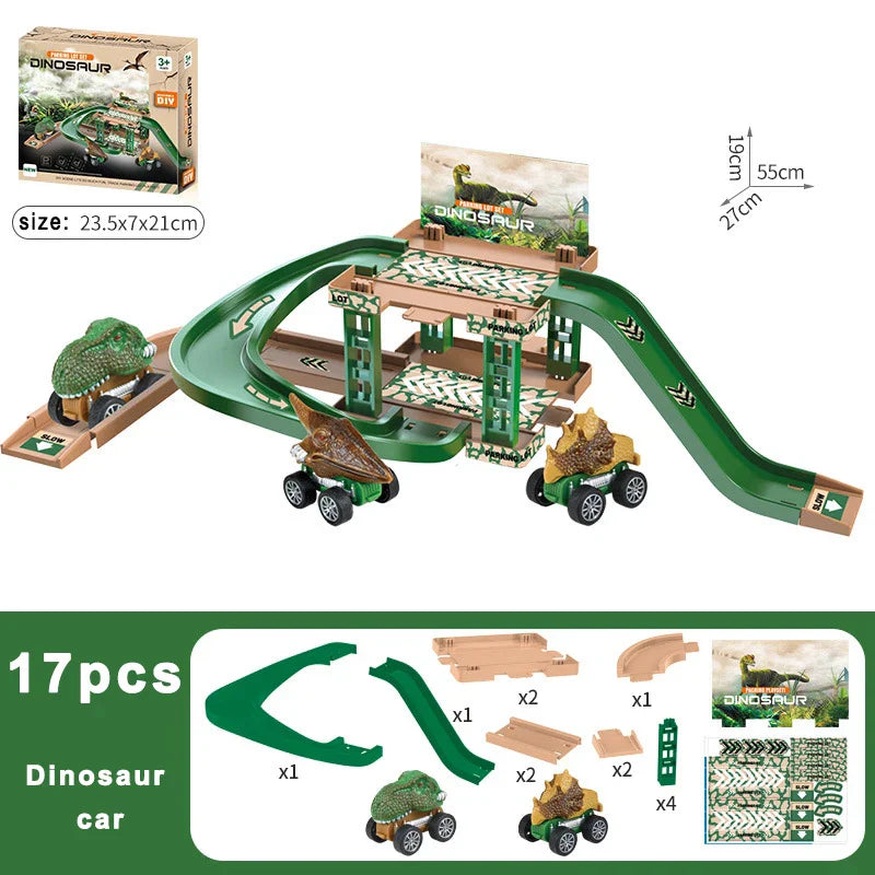 Car Park Construction Set for Children - Police Cars & Dinosaurs