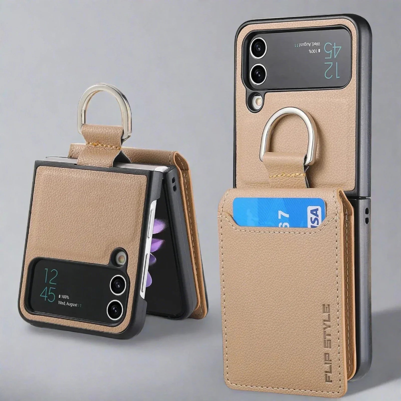 Samsung Z Flip 4 / Flip 3 Case | Leather Wallet Card Holder Ring Holder Stand