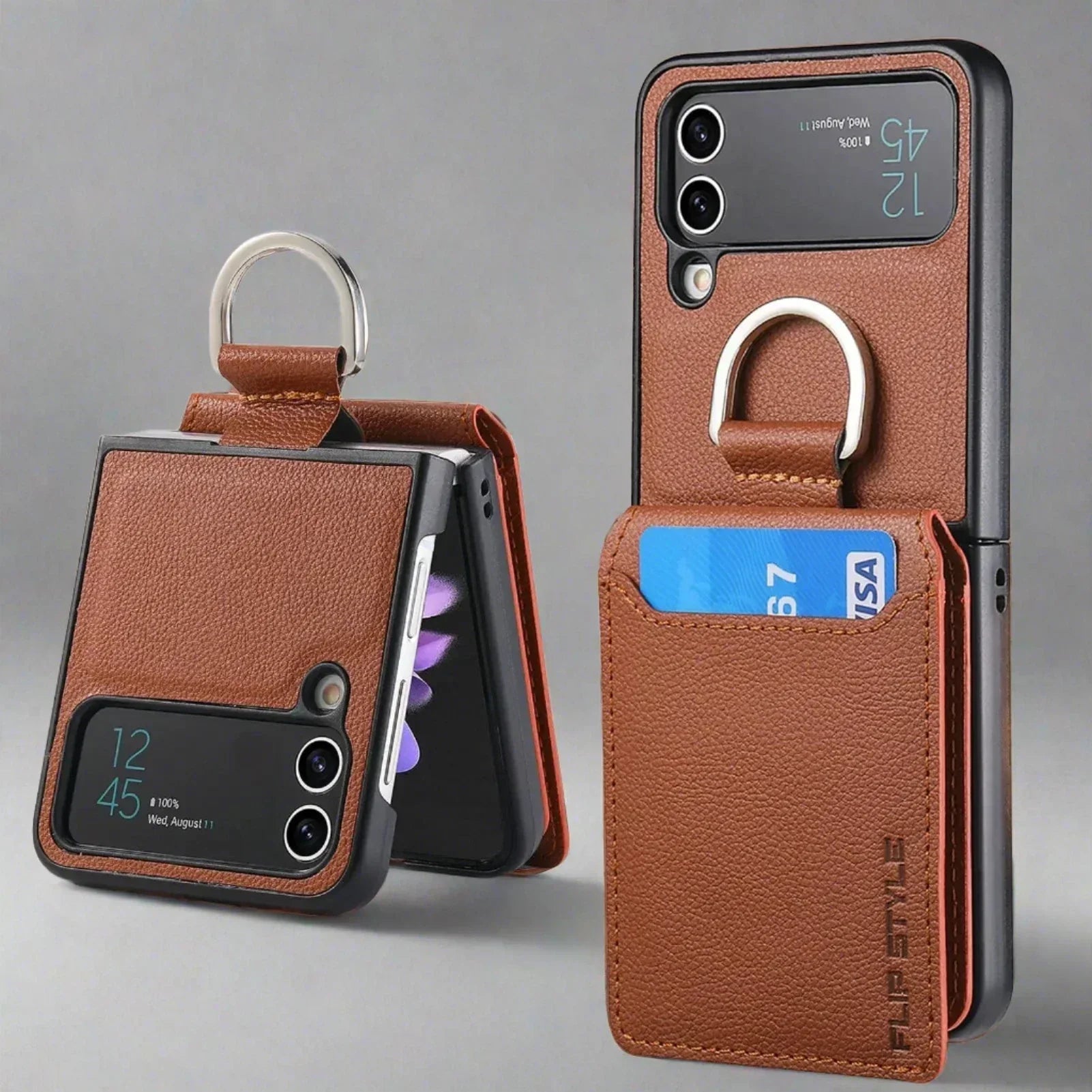 Samsung Z Flip 4 / Flip 3 Case | Leather Wallet Card Holder Ring Holder Stand
