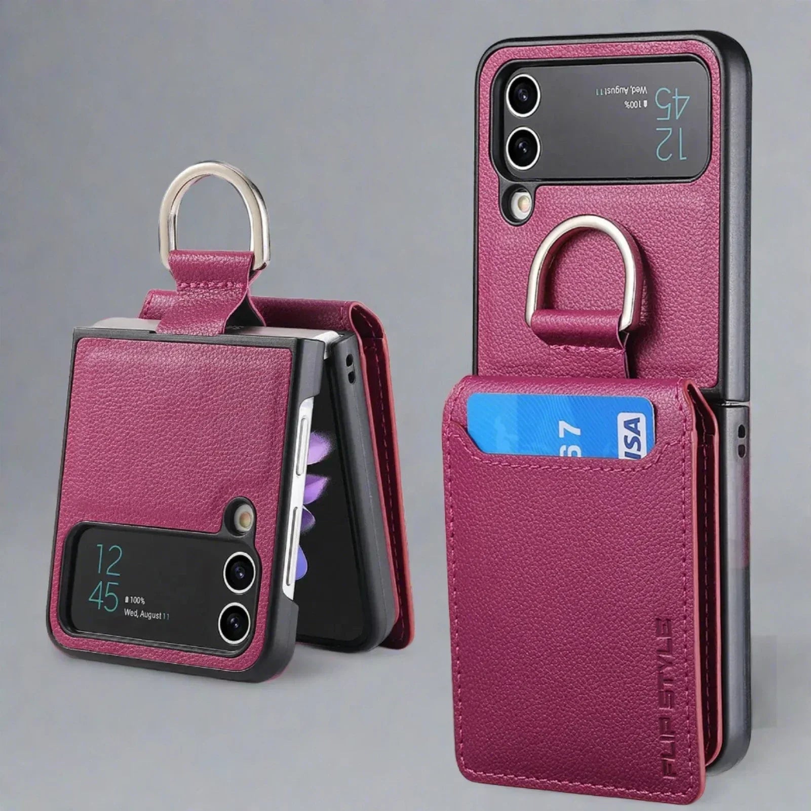 Samsung Z Flip 4 / Flip 3 Case | Leather Wallet Card Holder Ring Holder Stand