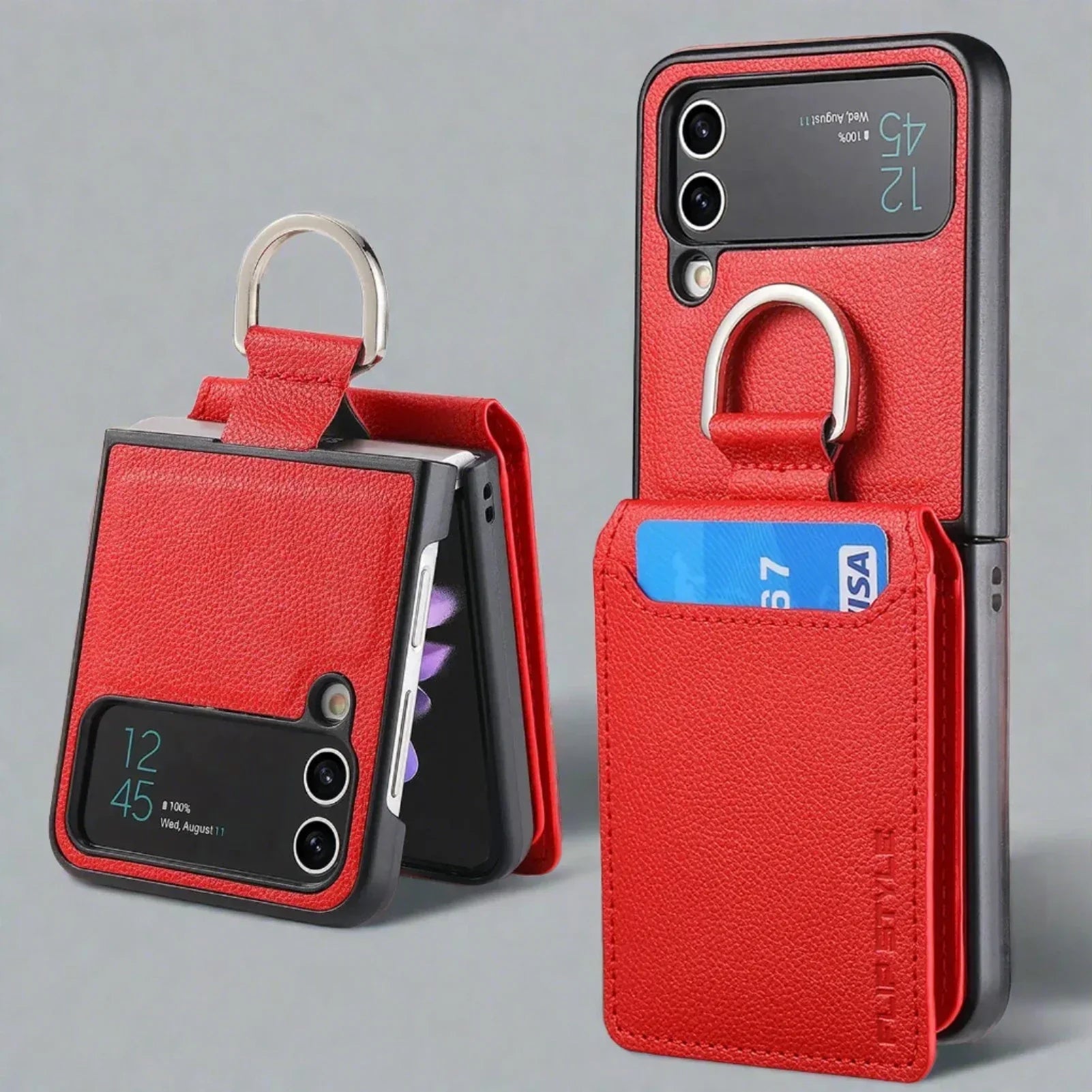 Samsung Z Flip 4 / Flip 3 Case | Leather Wallet Card Holder Ring Holder Stand