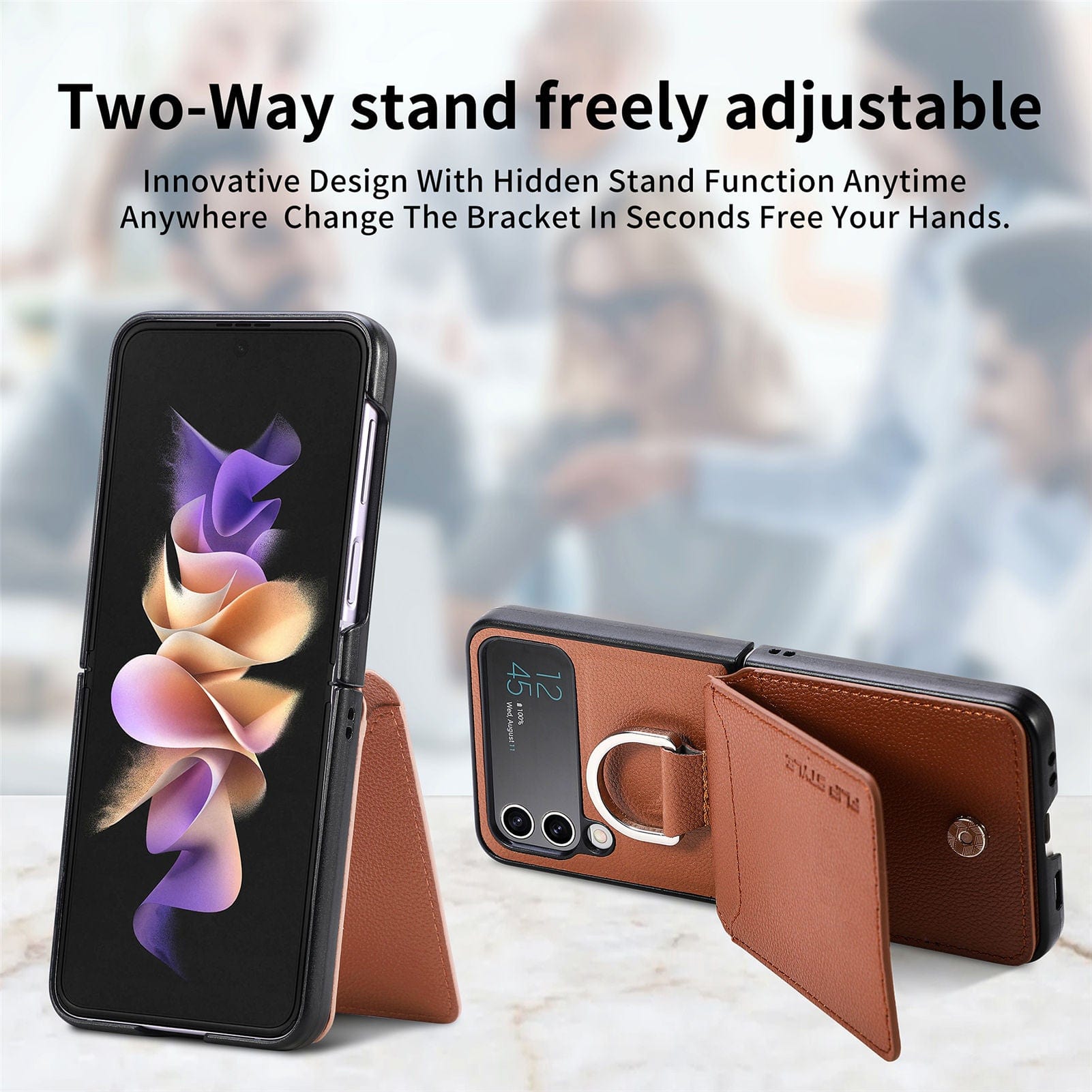 Samsung Z Flip 4 / Flip 3 Case | Leather Wallet Card Holder Ring Holder Stand