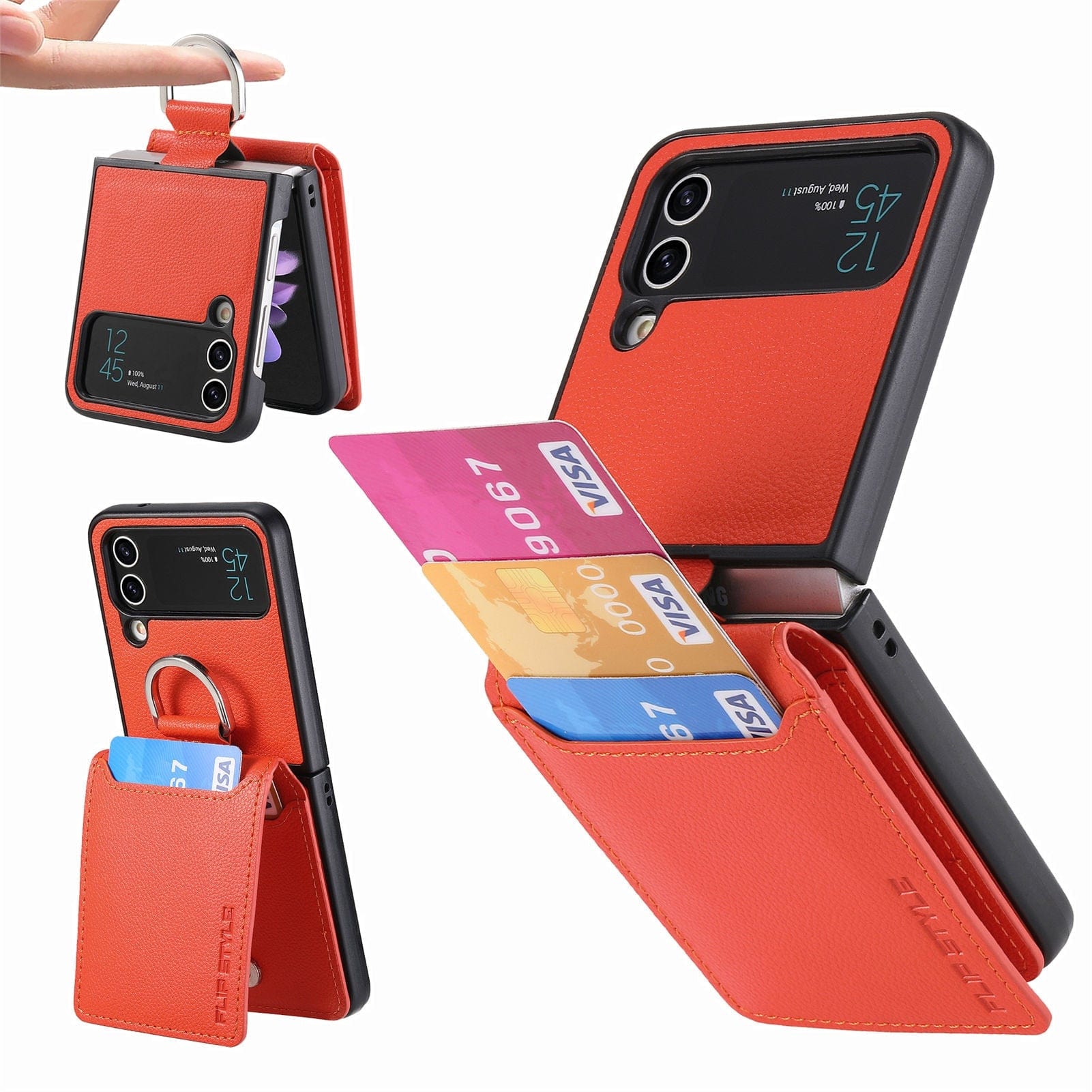 Samsung Z Flip 4 / Flip 3 Case | Leather Wallet Card Holder Ring Holder Stand