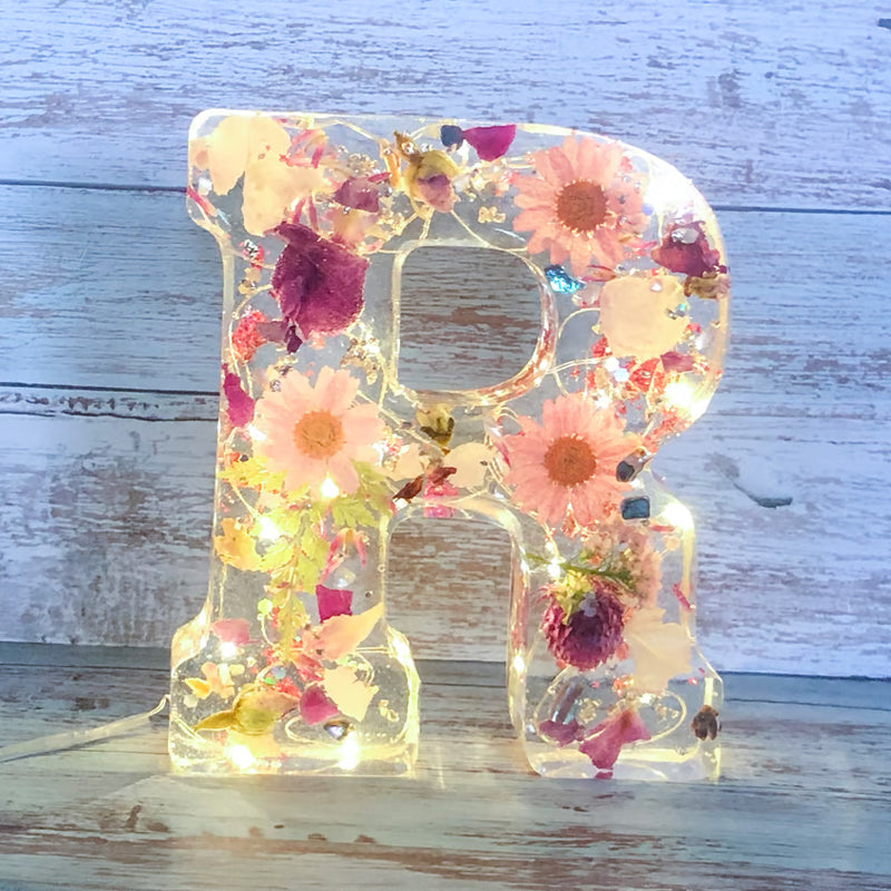 LumiFlair Floral Initial Night Lamp | Custom Resin Letter Light with Soft LED Glow