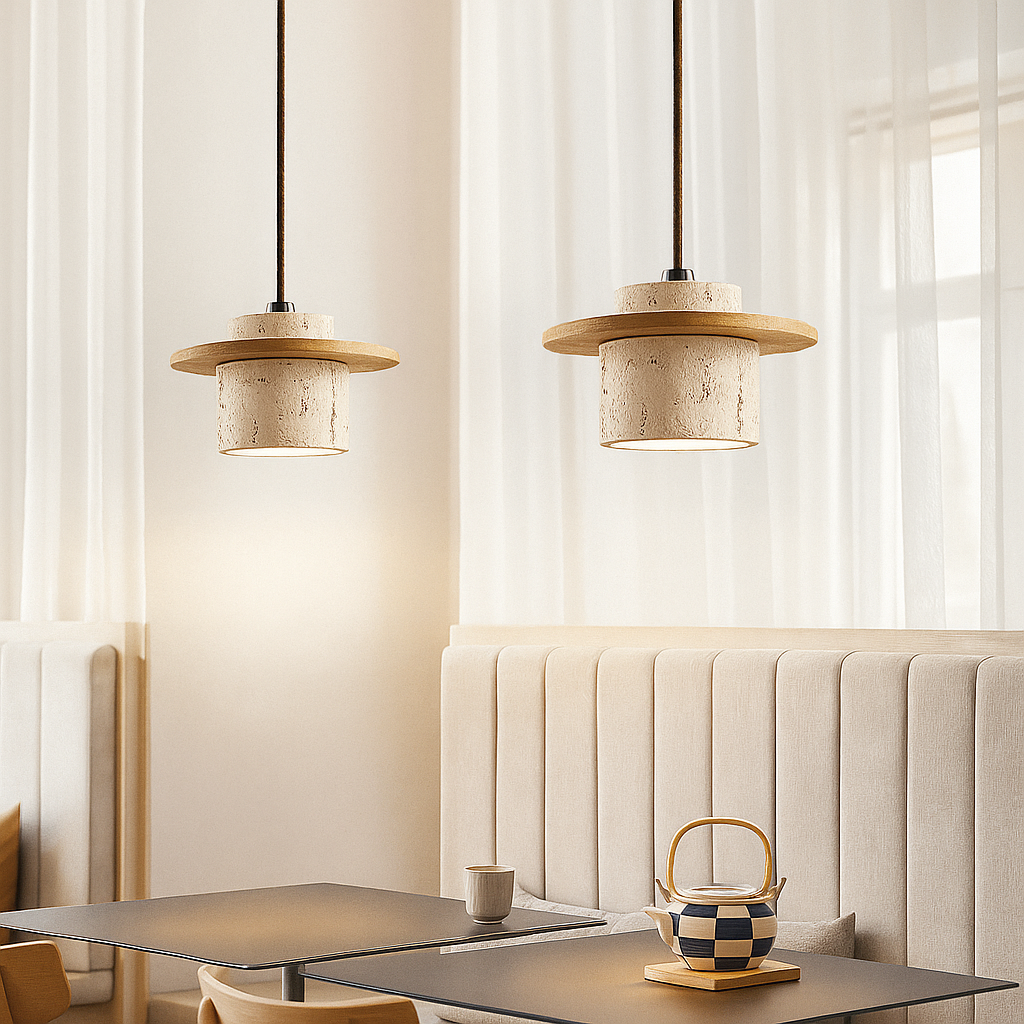 Pendant Lamp – Travertine & Wood | Retro Style | LED Compatible