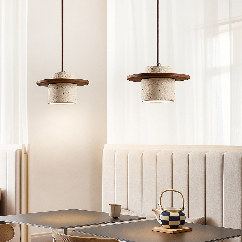 Pendant Lamp – Travertine & Wood | Retro Style | LED Compatible
