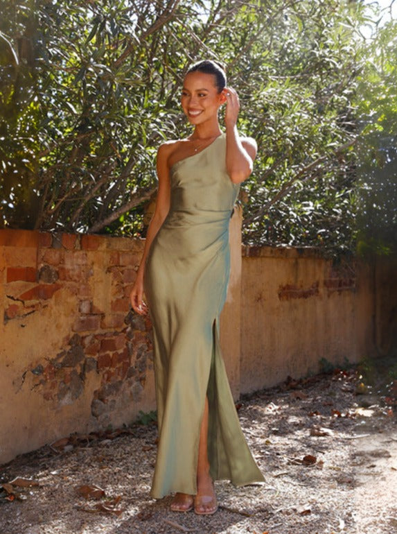 Seraphina | Satin One-Shoulder Maxi Dress with Elegant Split