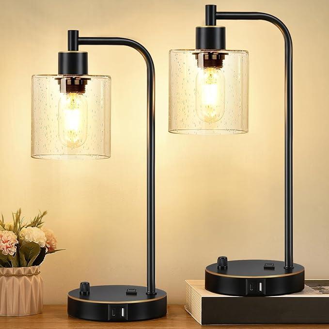Industrial Table Lamps Set - Dimmable with Charging Ports