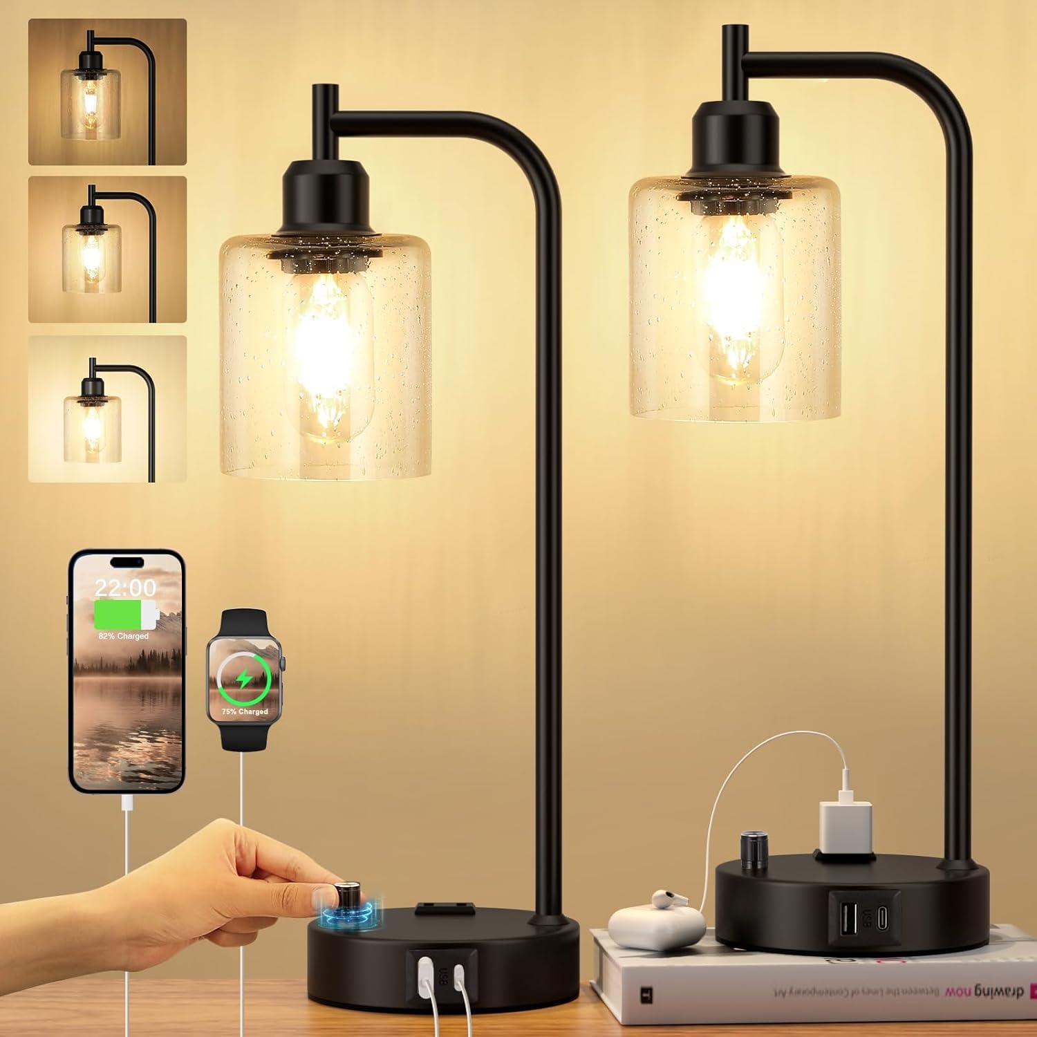 Industrial Table Lamps Set - Dimmable with Charging Ports