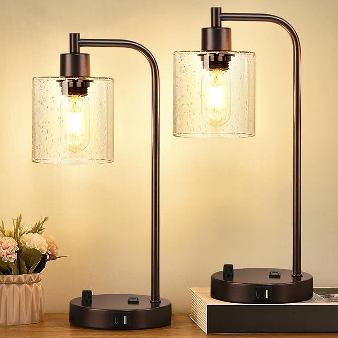 Industrial Table Lamps Set - Dimmable with Charging Ports