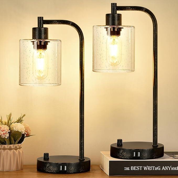 Industrial Table Lamps Set - Dimmable with Charging Ports
