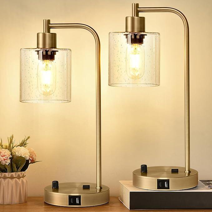 Industrial Table Lamps Set - Dimmable with Charging Ports